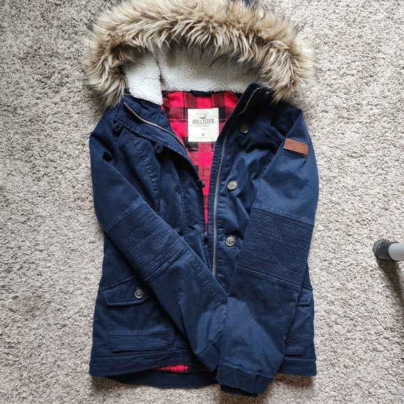 Hollister Women's Navy Jacket with Faux Fur Hood - Picture 1 of 4